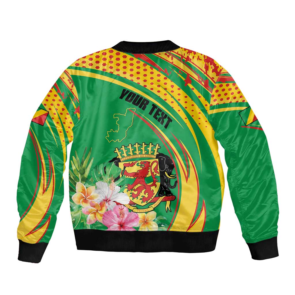 Personalized Congo Republic Day Sleeve Zip Bomber Jacket Coat Of Arms With Tropical Flower - Wonder Print Shop