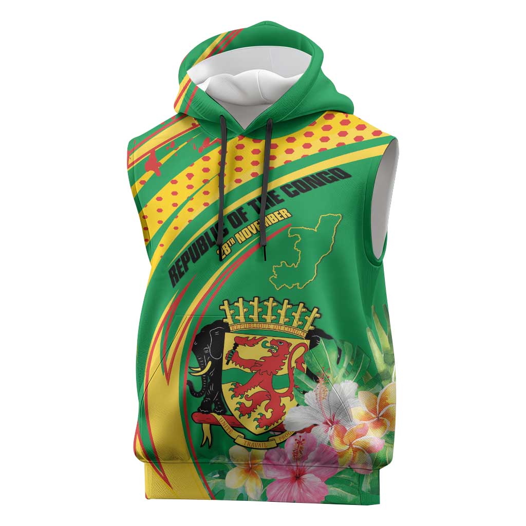 Personalized Congo Republic Day Sleeveless Hoodie Coat Of Arms With Tropical Flower - Wonder Print Shop