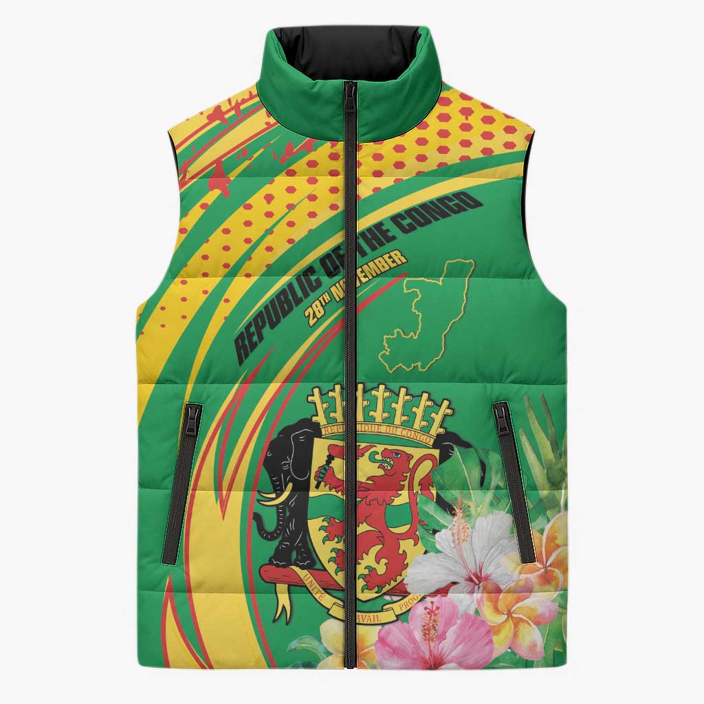 Personalized Congo Republic Day Sleeveless Puffer Jacket Coat Of Arms With Tropical Flower - Wonder Print Shop