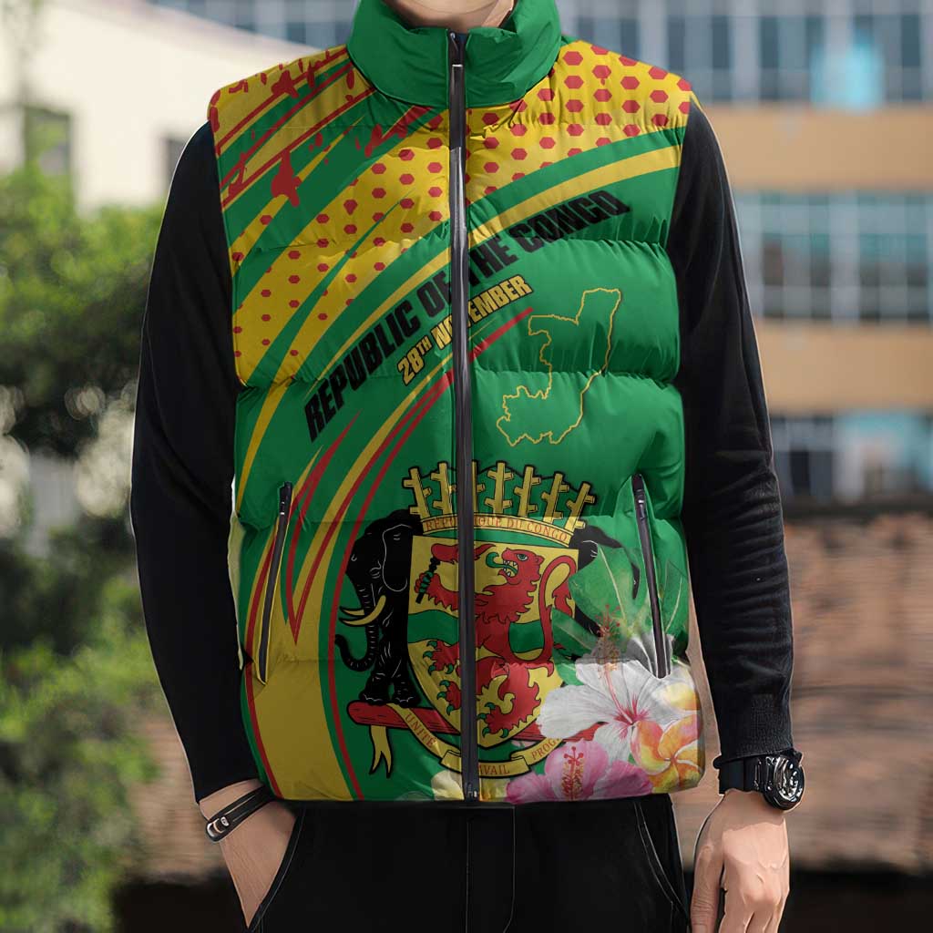Personalized Congo Republic Day Sleeveless Puffer Jacket Coat Of Arms With Tropical Flower - Wonder Print Shop