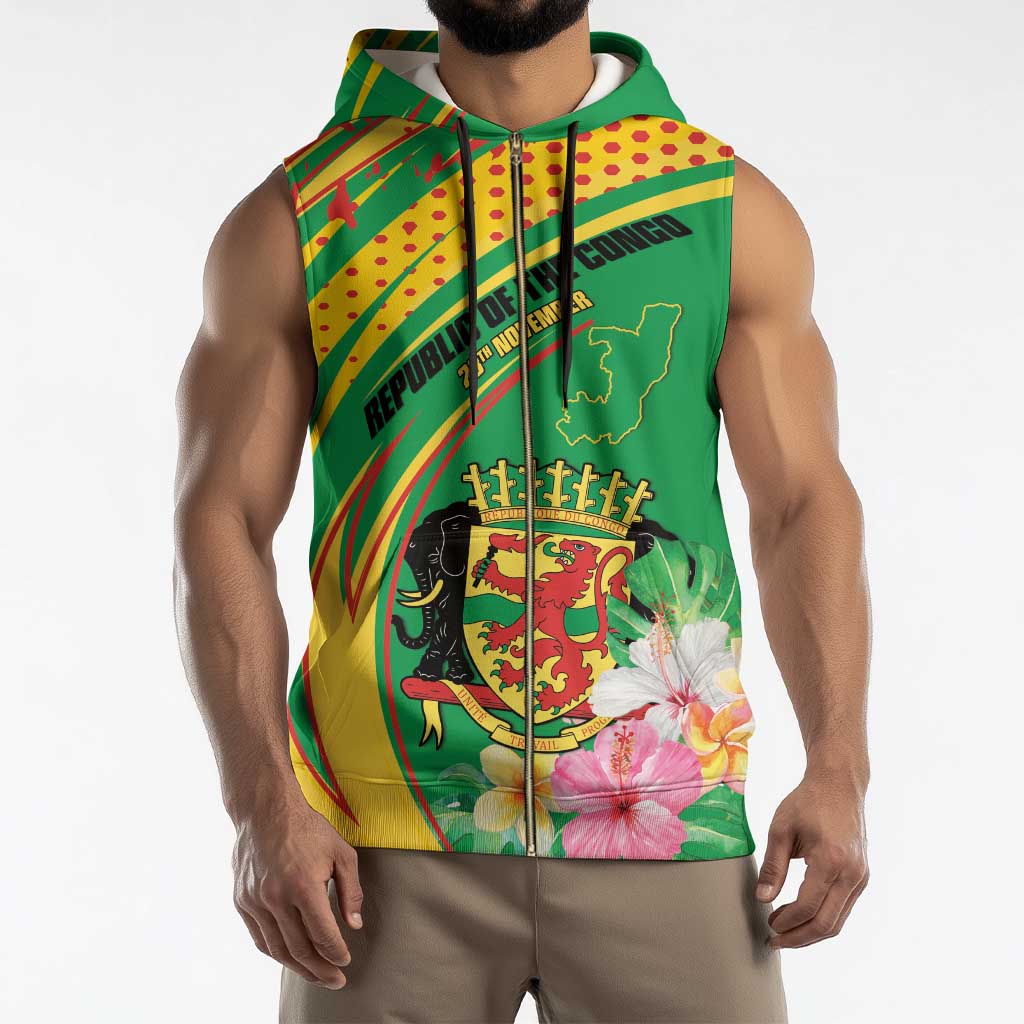 Personalized Congo Republic Day Sleeveless Zip Hoodie Coat Of Arms With Tropical Flower - Wonder Print Shop