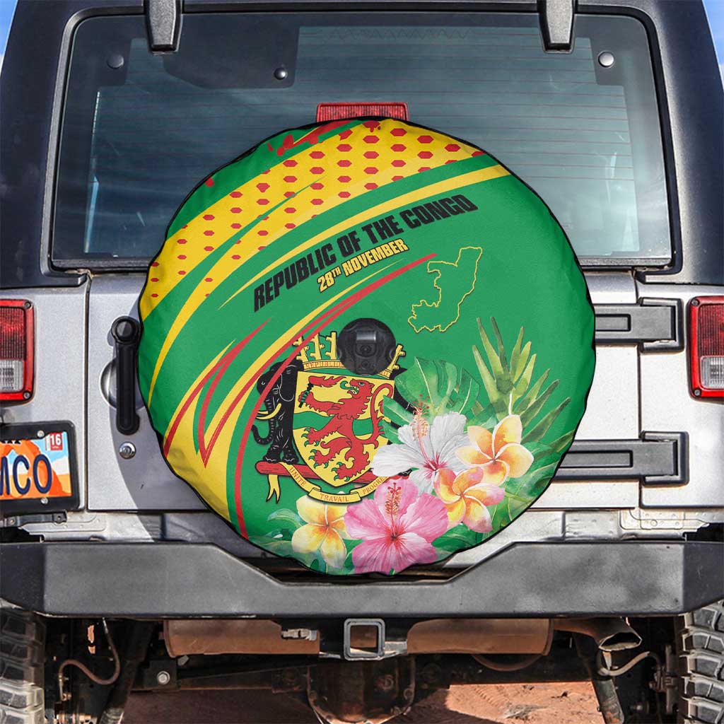 Congo Republic Day Spare Tire Cover Coat Of Arms With Tropical Flower - Wonder Print Shop