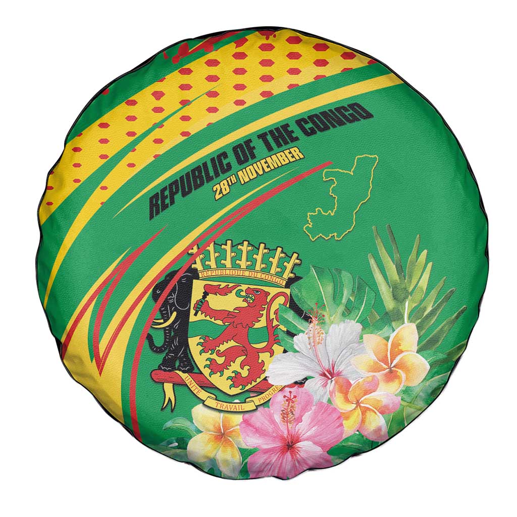 Congo Republic Day Spare Tire Cover Coat Of Arms With Tropical Flower - Wonder Print Shop