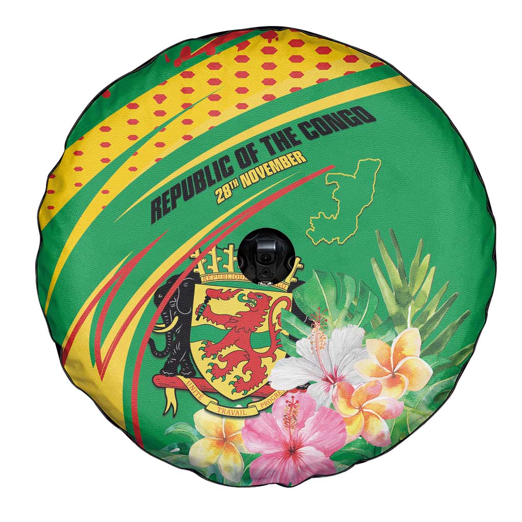 Congo Republic Day Spare Tire Cover Coat Of Arms With Tropical Flower - Wonder Print Shop