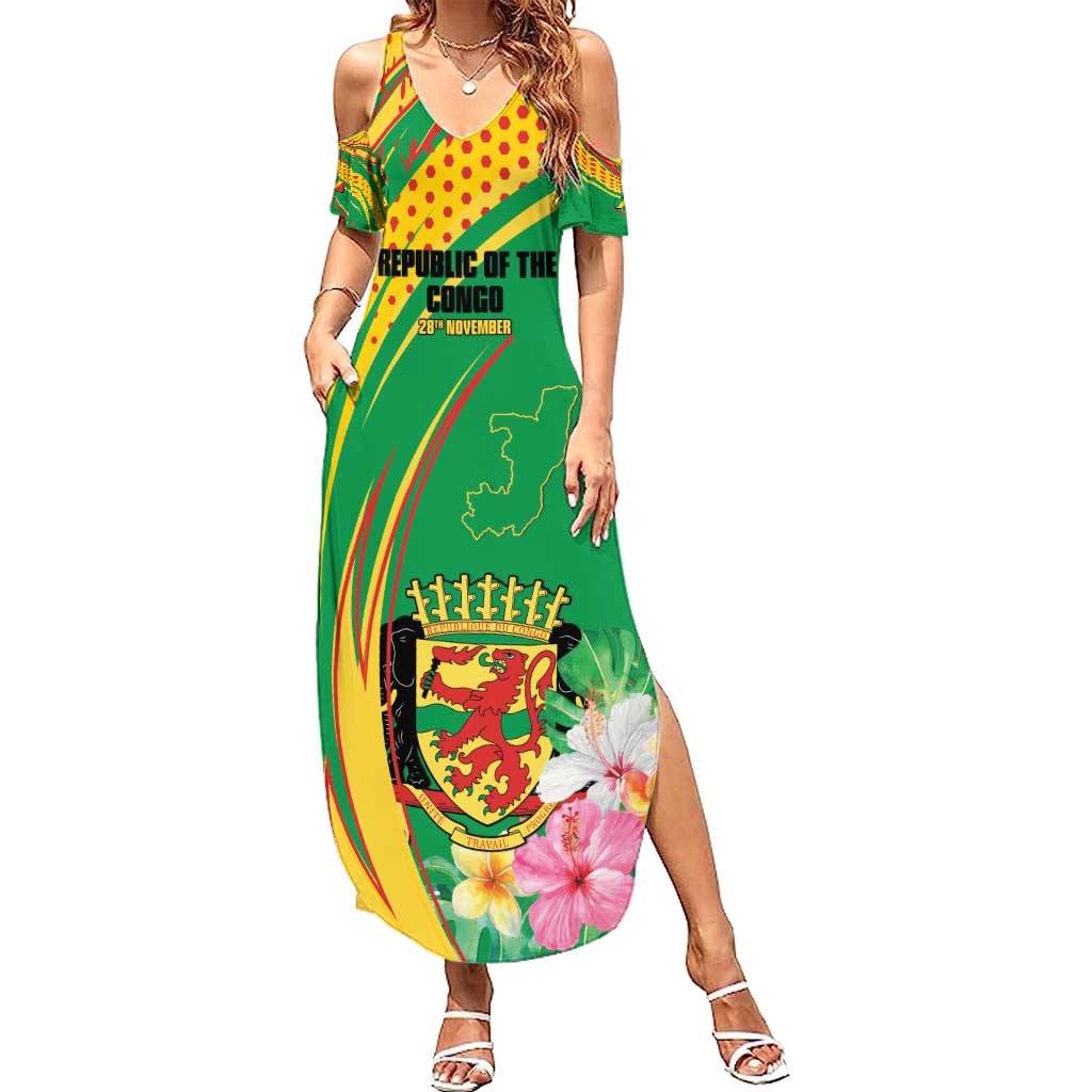 Personalized Congo Republic Day Summer Maxi Dress Coat Of Arms With Tropical Flower - Wonder Print Shop