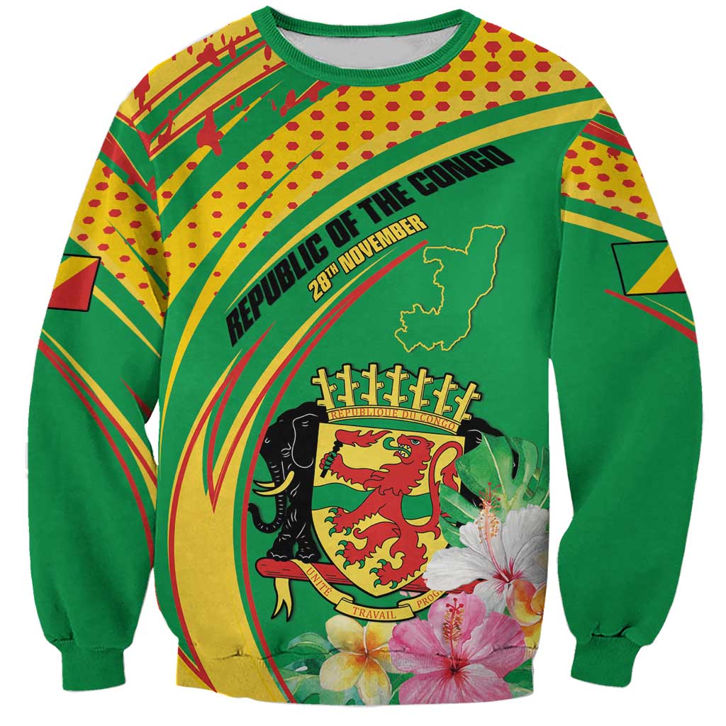 Personalized Congo Republic Day Sweatshirt Coat Of Arms With Tropical Flower - Wonder Print Shop