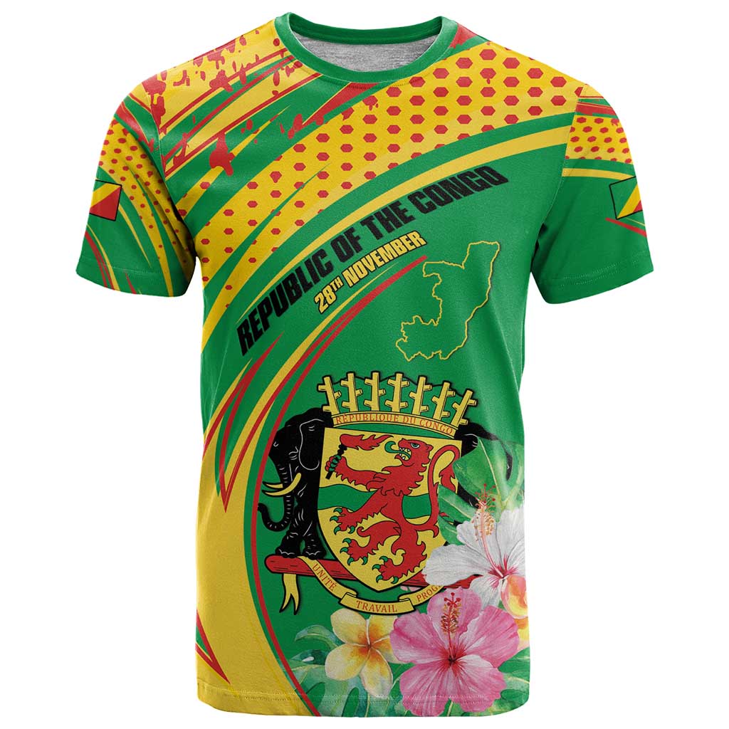 Personalized Congo Republic Day T Shirt Coat Of Arms With Tropical Flower - Wonder Print Shop