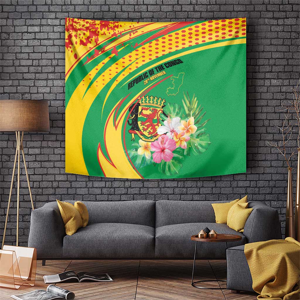 Congo Republic Day Tapestry Coat Of Arms With Tropical Flower - Wonder Print Shop