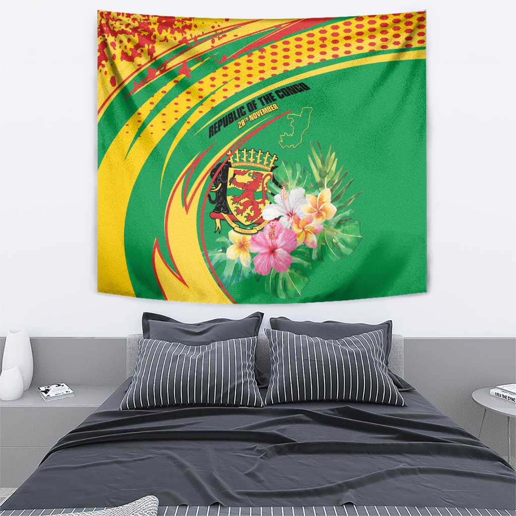 Congo Republic Day Tapestry Coat Of Arms With Tropical Flower - Wonder Print Shop
