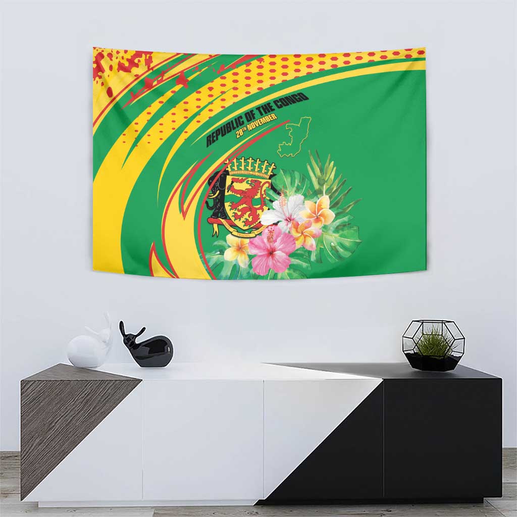 Congo Republic Day Tapestry Coat Of Arms With Tropical Flower - Wonder Print Shop