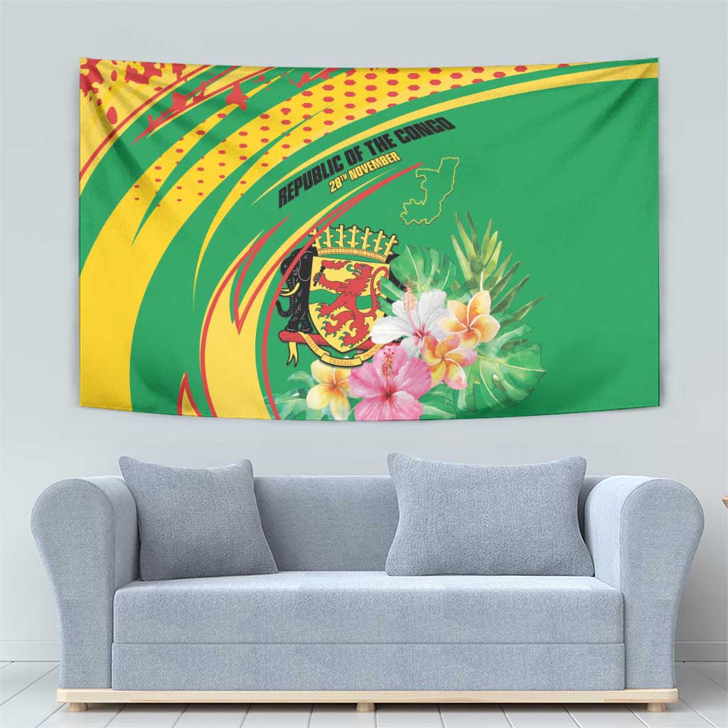 Congo Republic Day Tapestry Coat Of Arms With Tropical Flower - Wonder Print Shop