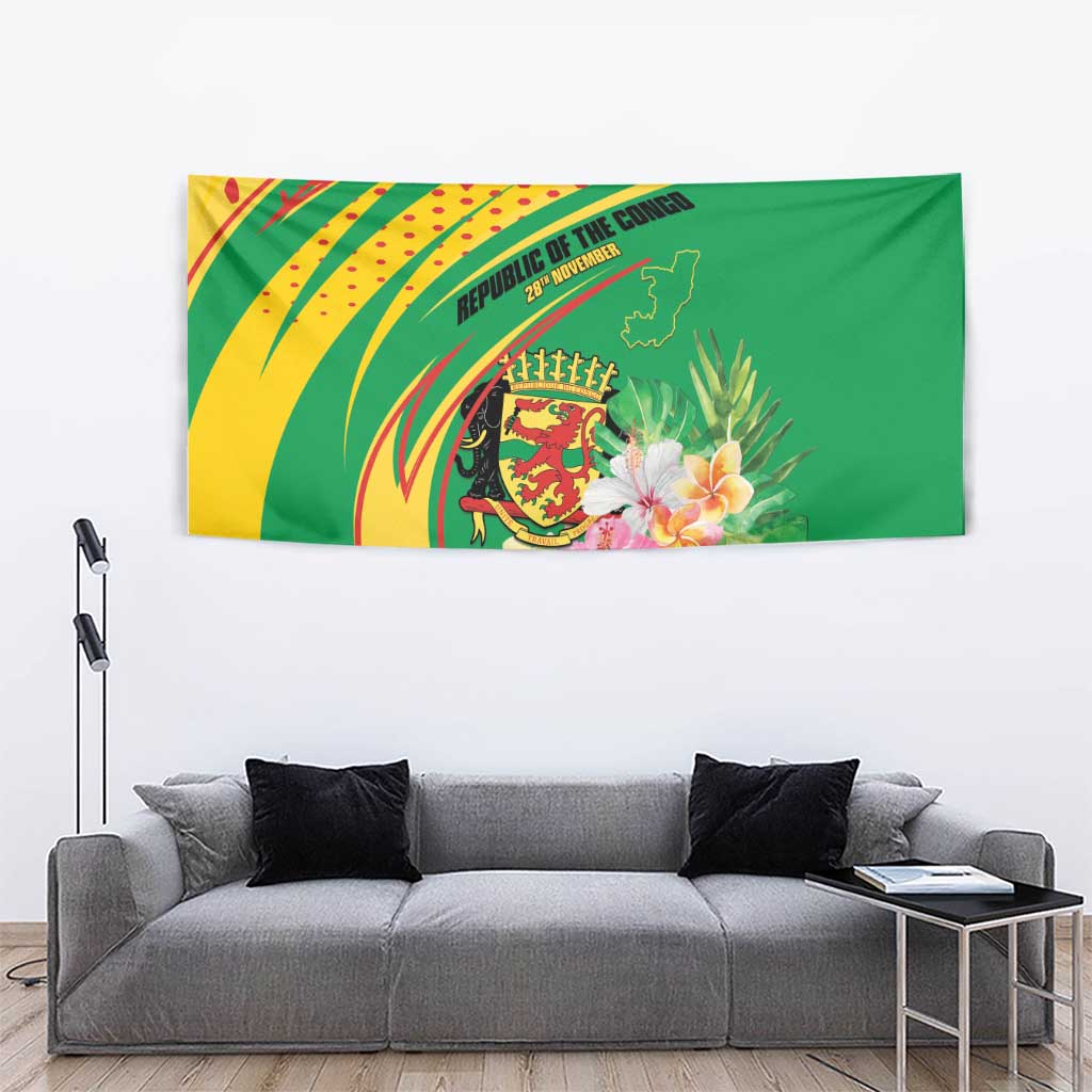 Congo Republic Day Tapestry Coat Of Arms With Tropical Flower - Wonder Print Shop