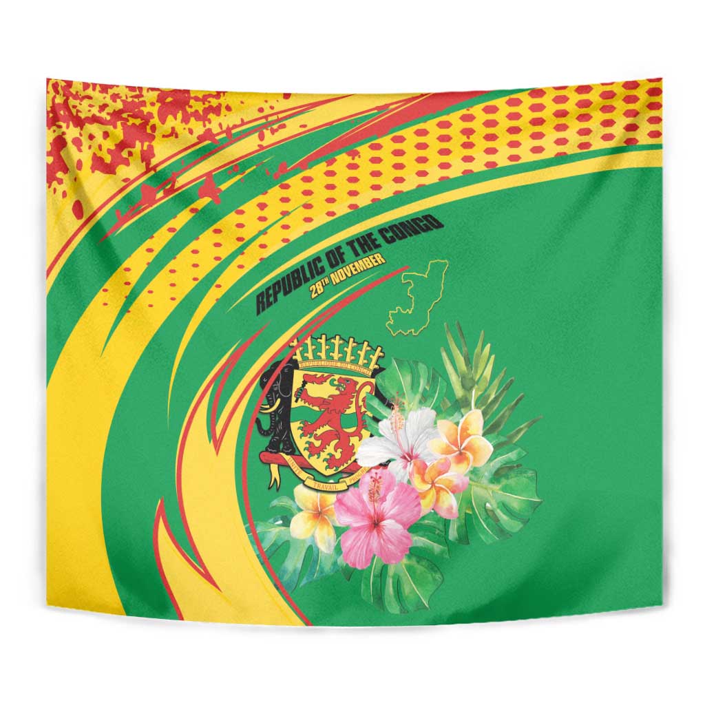 Congo Republic Day Tapestry Coat Of Arms With Tropical Flower - Wonder Print Shop
