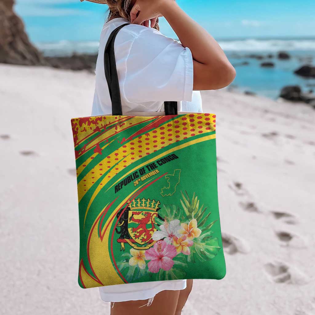 Congo Republic Day Tote Bag Coat Of Arms With Tropical Flower - Wonder Print Shop