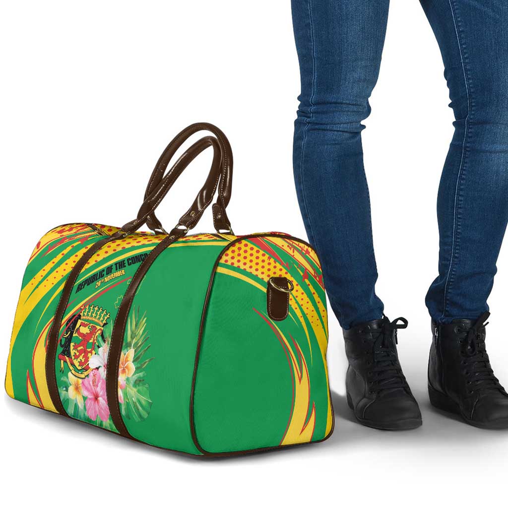 Congo Republic Day Travel Bag Coat Of Arms With Tropical Flower - Wonder Print Shop