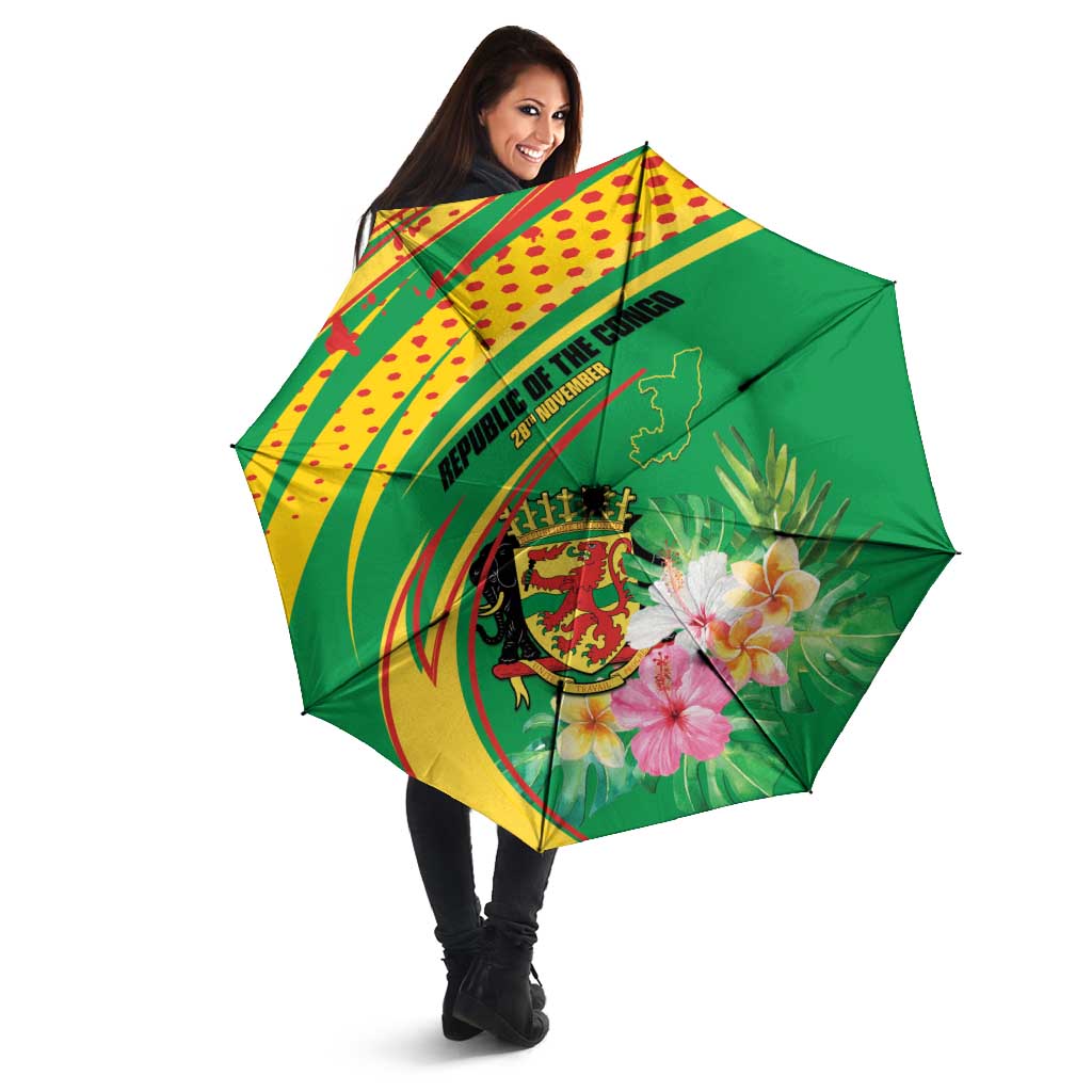 Congo Republic Day Umbrella Coat Of Arms With Tropical Flower - Wonder Print Shop