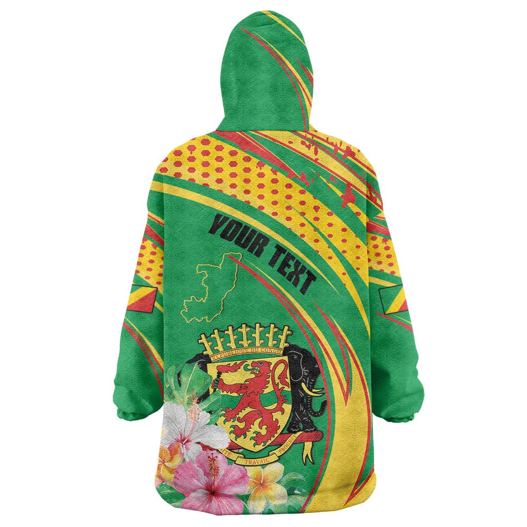 Personalized Congo Republic Day Wearable Blanket Hoodie Coat Of Arms With Tropical Flower - Wonder Print Shop