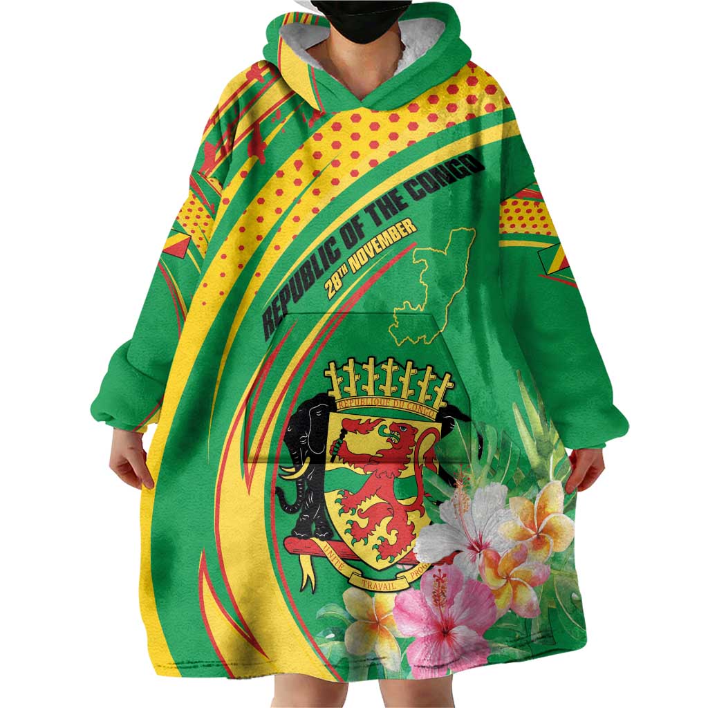 Personalized Congo Republic Day Wearable Blanket Hoodie Coat Of Arms With Tropical Flower - Wonder Print Shop