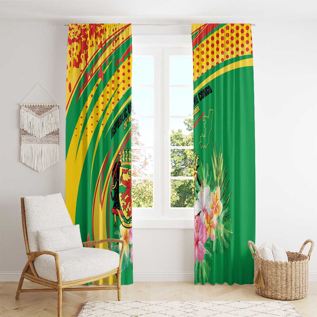 Congo Republic Day Window Curtain Coat Of Arms With Tropical Flower - Wonder Print Shop
