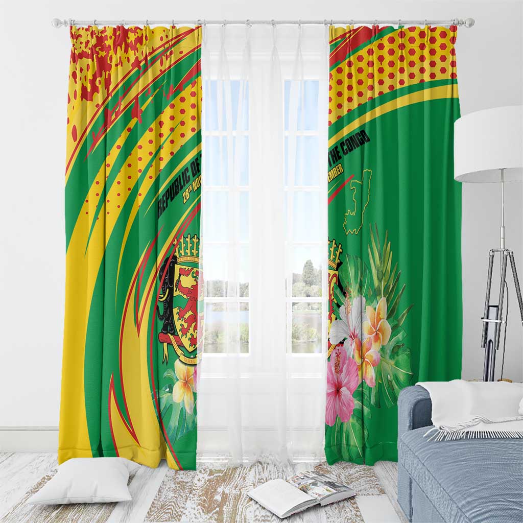 Congo Republic Day Window Curtain Coat Of Arms With Tropical Flower - Wonder Print Shop