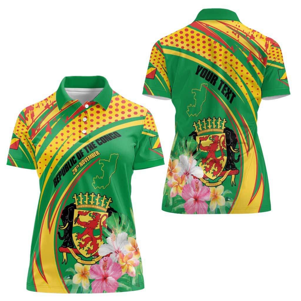 Personalized Congo Republic Day Women Polo Shirt Coat Of Arms With Tropical Flower - Wonder Print Shop