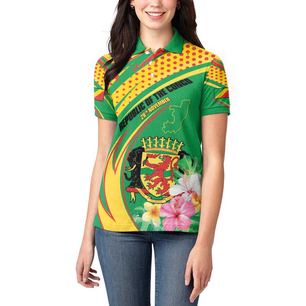 Personalized Congo Republic Day Women Polo Shirt Coat Of Arms With Tropical Flower - Wonder Print Shop