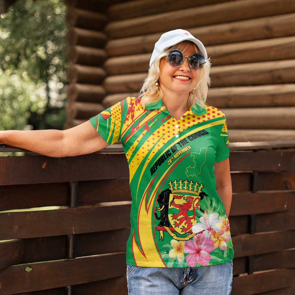 Personalized Congo Republic Day Women Polo Shirt Coat Of Arms With Tropical Flower - Wonder Print Shop