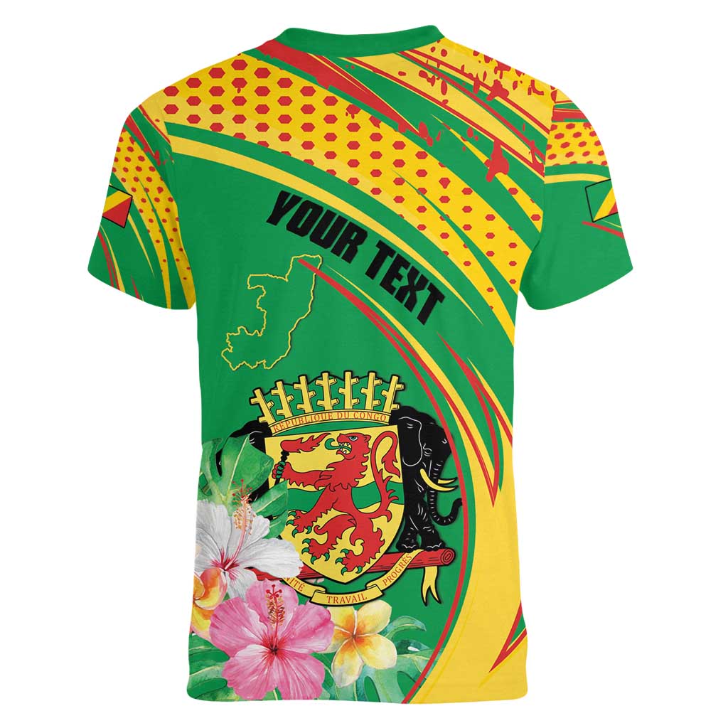 Personalized Congo Republic Day Women V-Neck T-Shirt Coat Of Arms With Tropical Flower - Wonder Print Shop