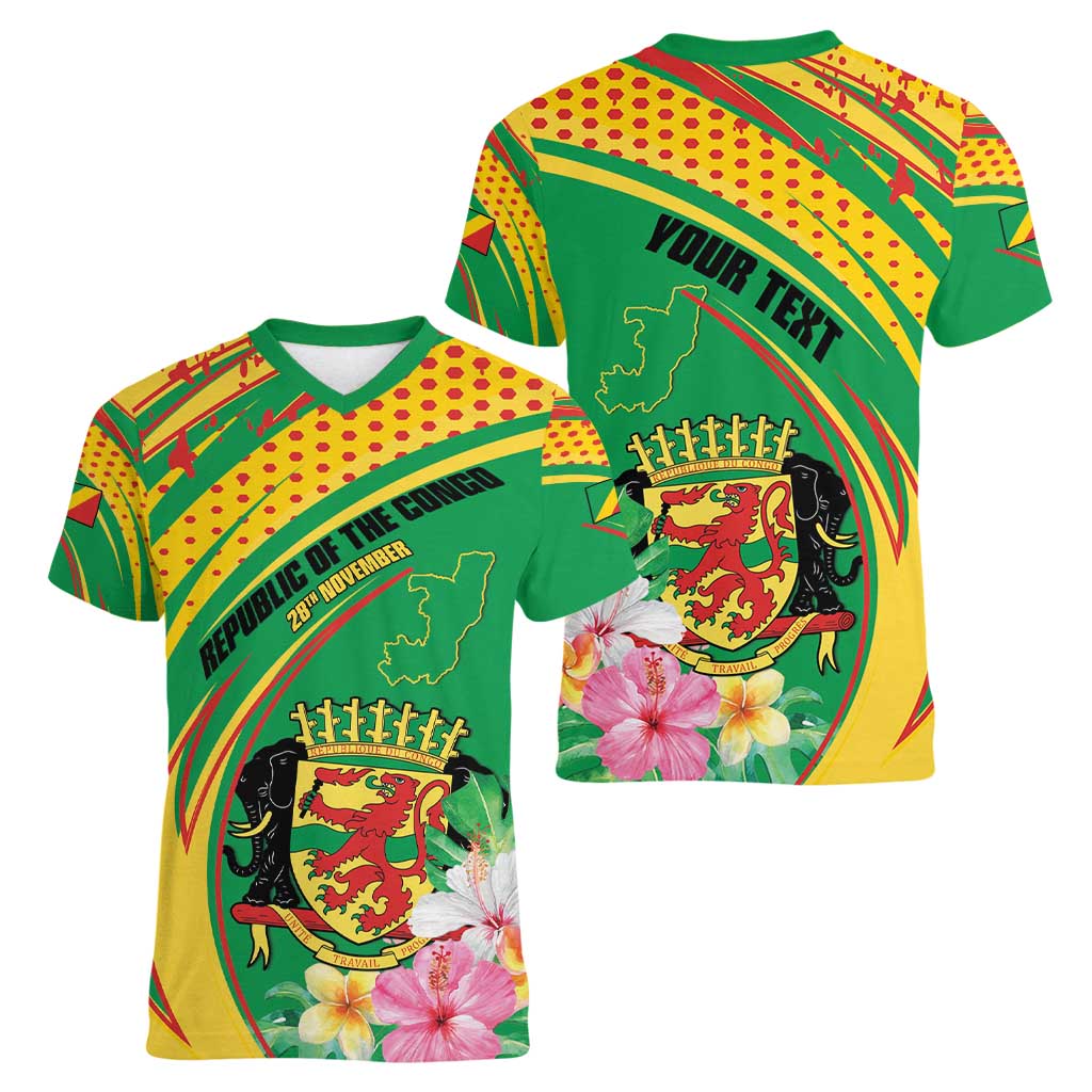 Personalized Congo Republic Day Women V-Neck T-Shirt Coat Of Arms With Tropical Flower - Wonder Print Shop
