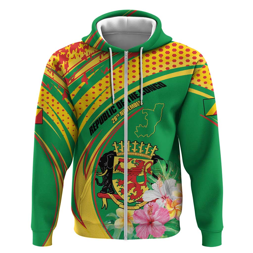 Personalized Congo Republic Day Zip Hoodie Coat Of Arms With Tropical Flower - Wonder Print Shop