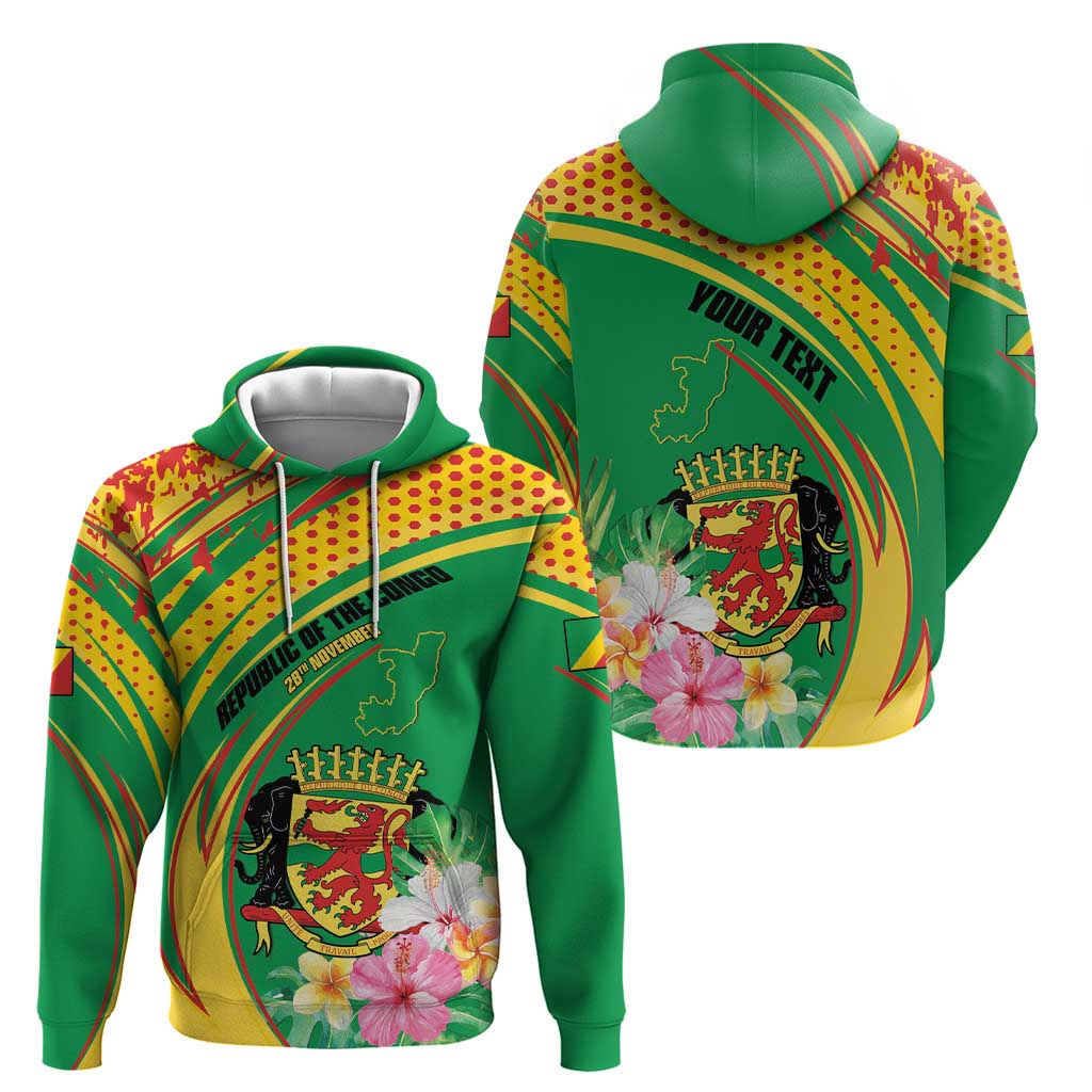 Personalized Congo Republic Day Zip Hoodie Coat Of Arms With Tropical Flower - Wonder Print Shop