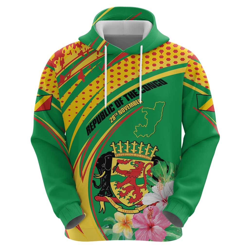 Personalized Congo Republic Day Zip Hoodie Coat Of Arms With Tropical Flower - Wonder Print Shop