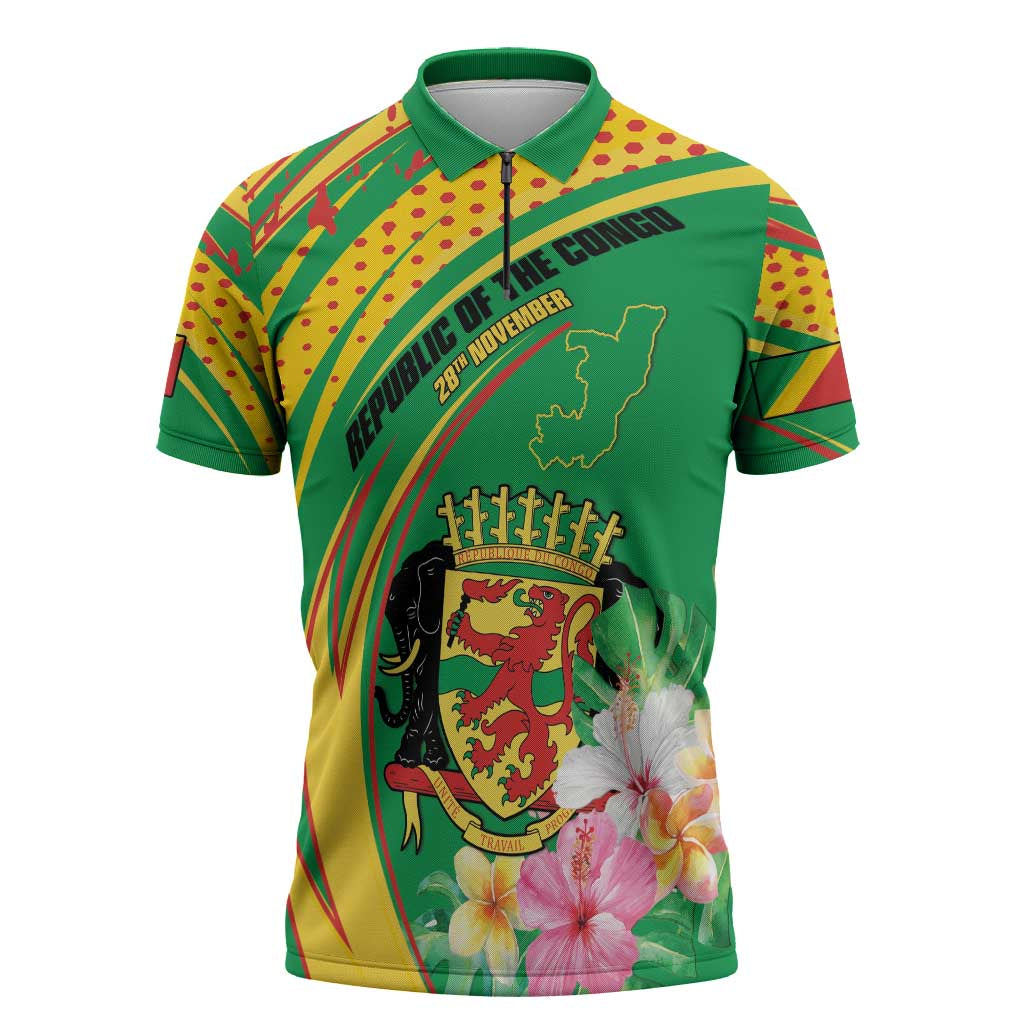 Personalized Congo Republic Day Zipper Polo Shirt Coat Of Arms With Tropical Flower - Wonder Print Shop