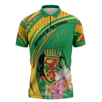 Personalized Congo Republic Day Zipper Polo Shirt Coat Of Arms With Tropical Flower - Wonder Print Shop
