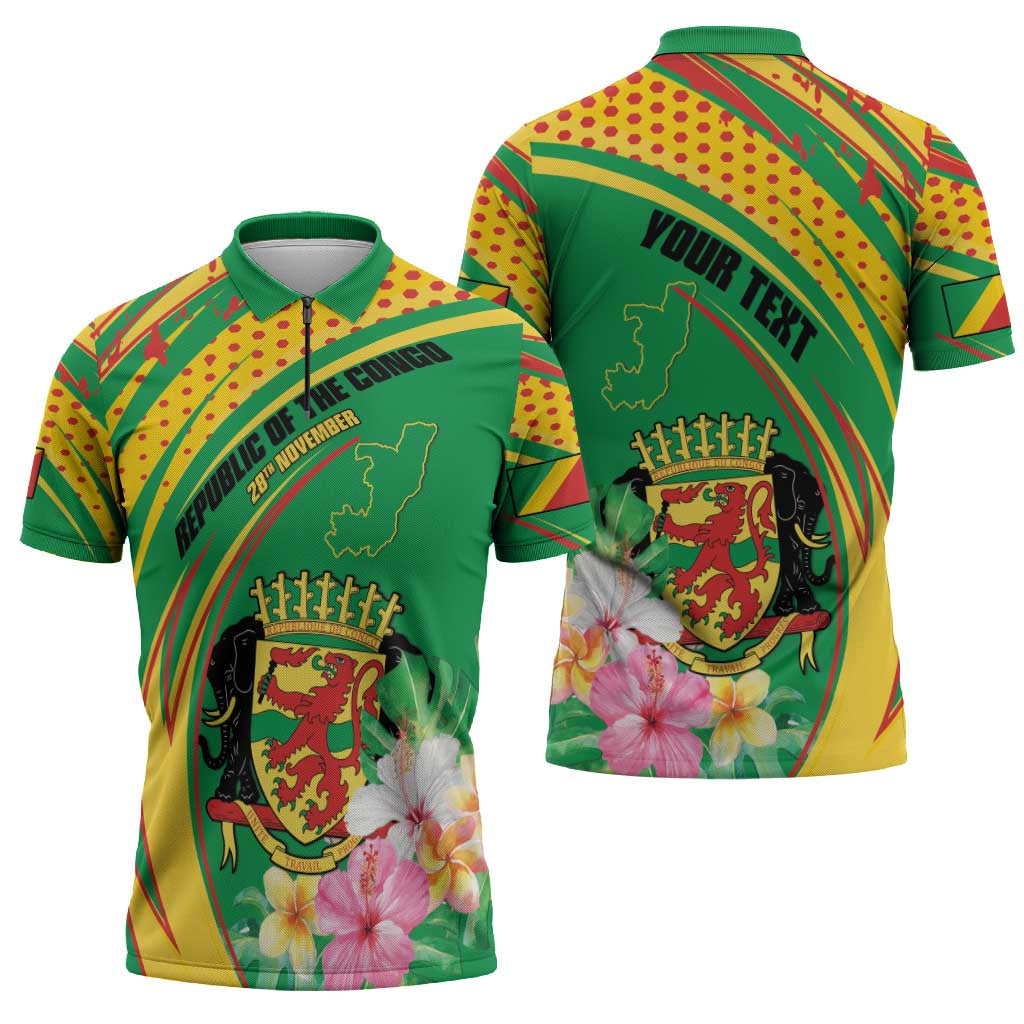 Personalized Congo Republic Day Zipper Polo Shirt Coat Of Arms With Tropical Flower - Wonder Print Shop