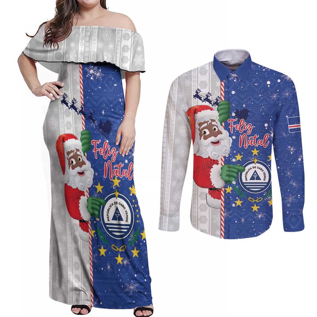 Cape Verde Christmas Couples Matching Off Shoulder Maxi Dress and Long Sleeve Button Shirt Black Santa Felix Natal - Wonder Print Shop