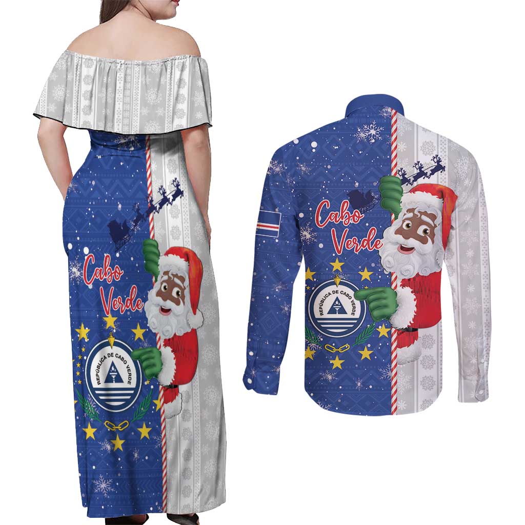 Cape Verde Christmas Couples Matching Off Shoulder Maxi Dress and Long Sleeve Button Shirt Black Santa Felix Natal - Wonder Print Shop