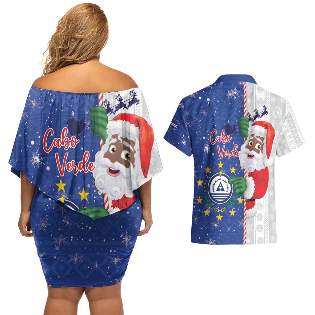 Cape Verde Christmas Couples Matching Off Shoulder Short Dress and Hawaiian Shirt Black Santa Felix Natal - Wonder Print Shop