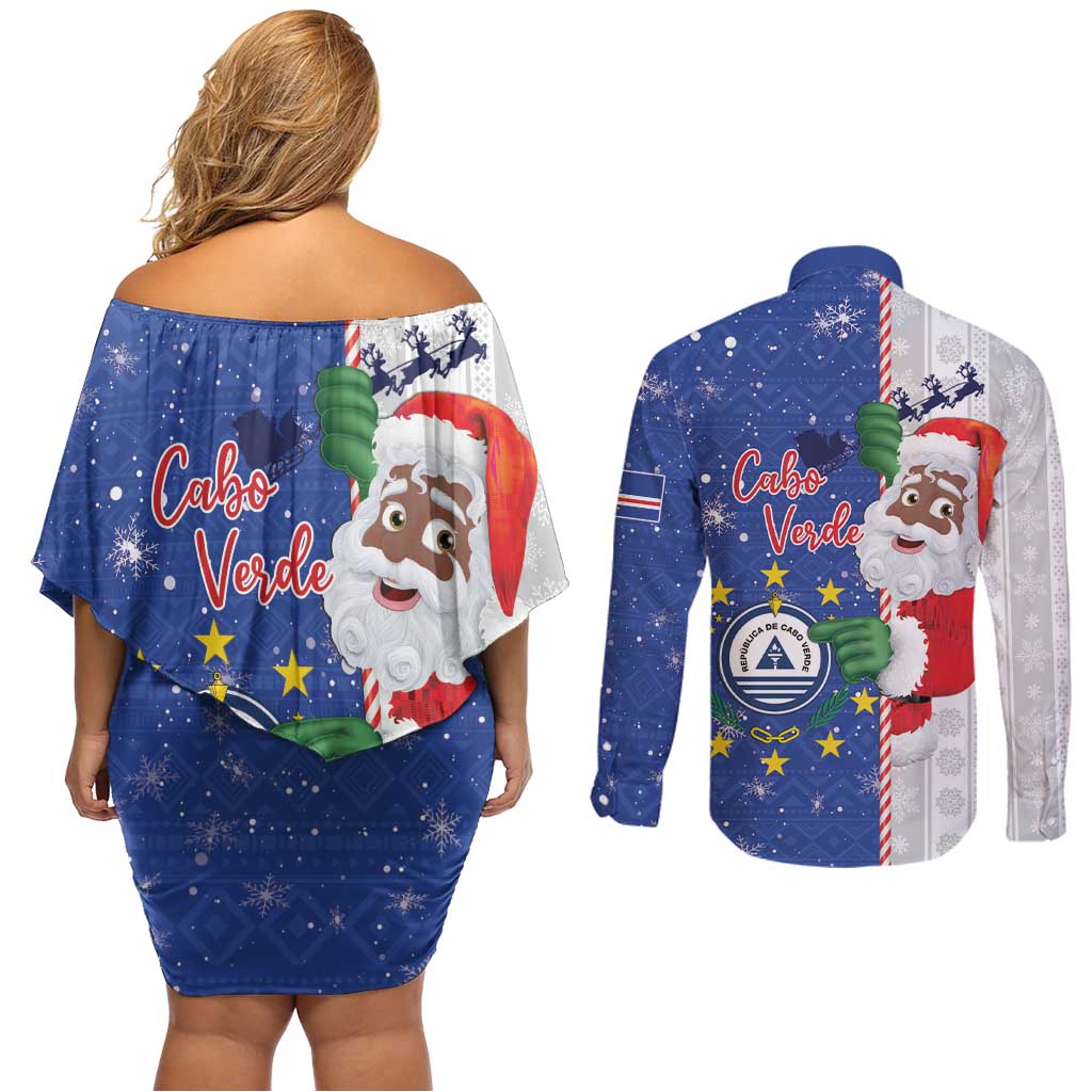 Cape Verde Christmas Couples Matching Off Shoulder Short Dress and Long Sleeve Button Shirt Black Santa Felix Natal - Wonder Print Shop