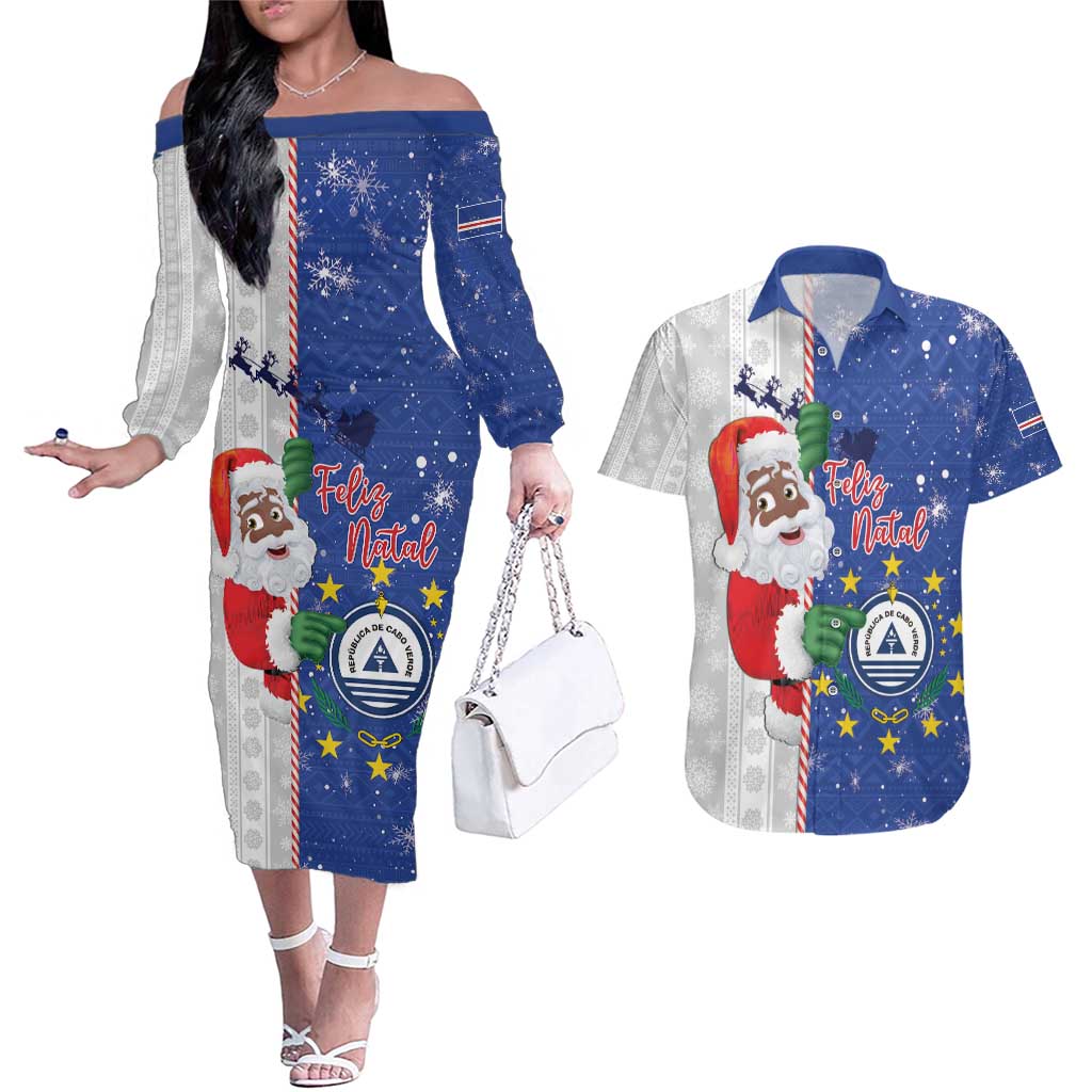 Cape Verde Christmas Couples Matching Off The Shoulder Long Sleeve Dress and Hawaiian Shirt Black Santa Felix Natal - Wonder Print Shop