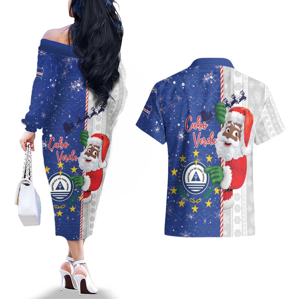 Cape Verde Christmas Couples Matching Off The Shoulder Long Sleeve Dress and Hawaiian Shirt Black Santa Felix Natal - Wonder Print Shop