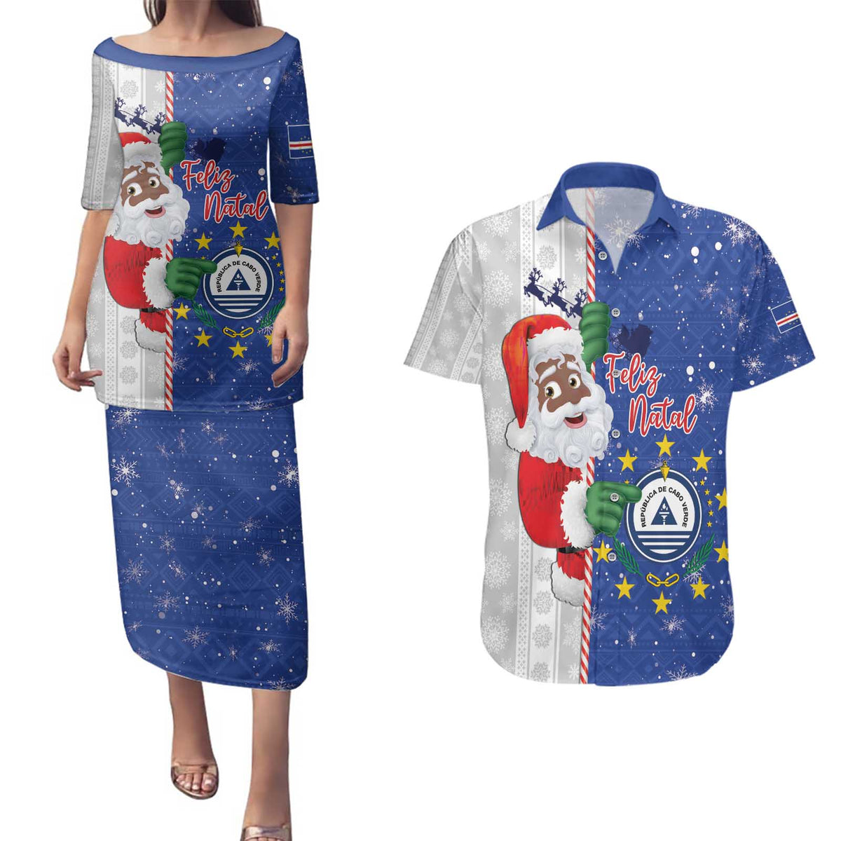 Cape Verde Christmas Couples Matching Puletasi and Hawaiian Shirt Black Santa Felix Natal - Wonder Print Shop