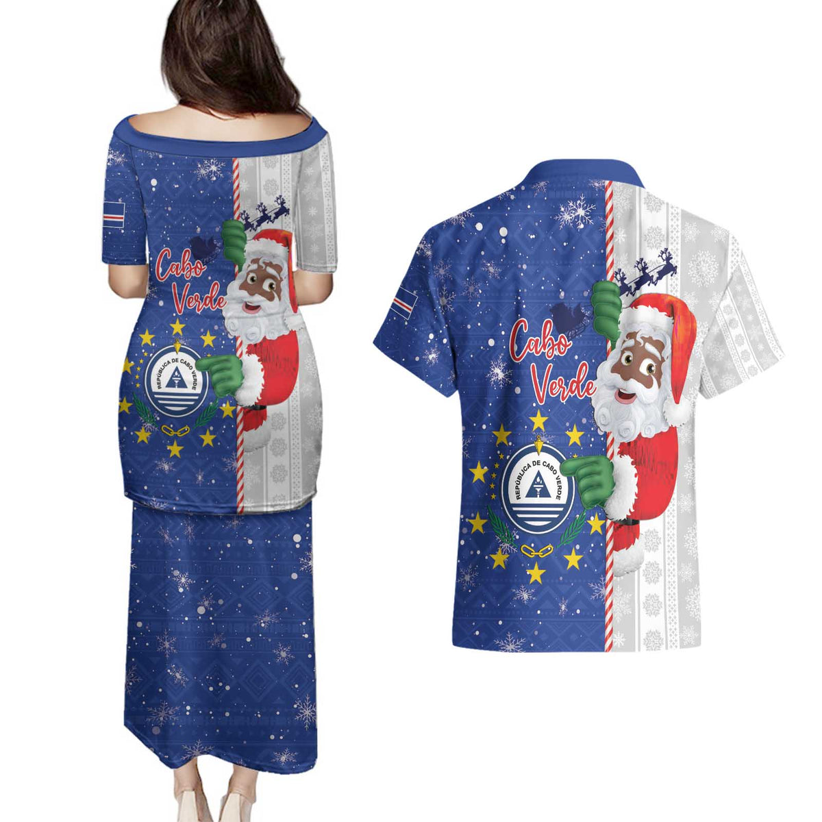 Cape Verde Christmas Couples Matching Puletasi and Hawaiian Shirt Black Santa Felix Natal - Wonder Print Shop