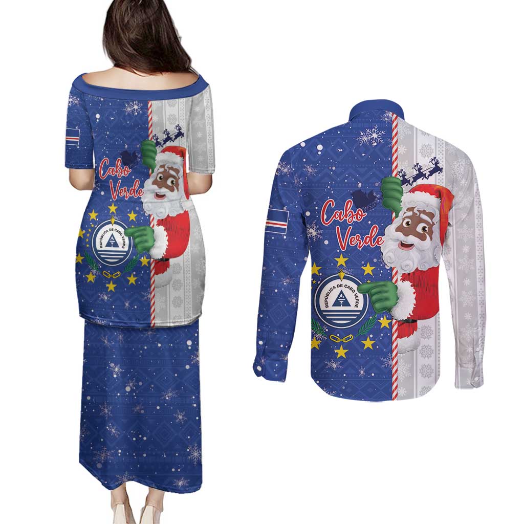 Cape Verde Christmas Couples Matching Puletasi and Long Sleeve Button Shirt Black Santa Felix Natal - Wonder Print Shop