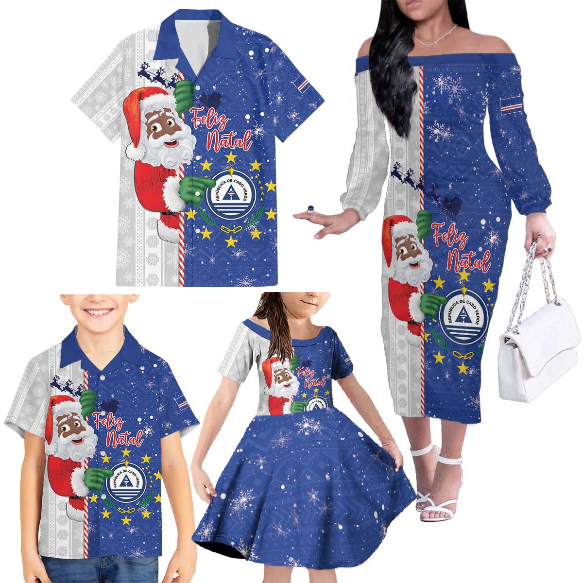 Cape Verde Christmas Family Matching Off The Shoulder Long Sleeve Dress and Hawaiian Shirt Black Santa Felix Natal - Wonder Print Shop