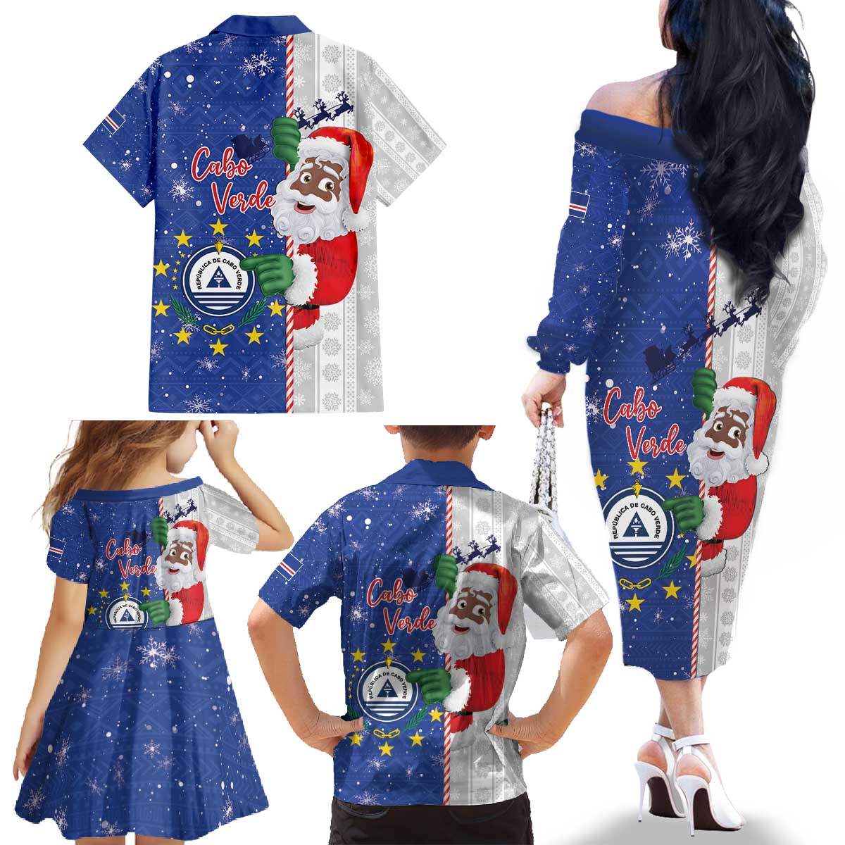 Cape Verde Christmas Family Matching Off The Shoulder Long Sleeve Dress and Hawaiian Shirt Black Santa Felix Natal - Wonder Print Shop