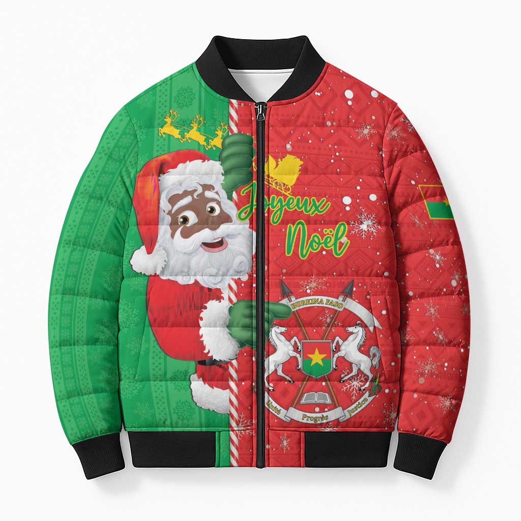 Burkina Faso Christmas Bomber Puffer Jacket Black Santa Joyeux Noel - Wonder Print Shop