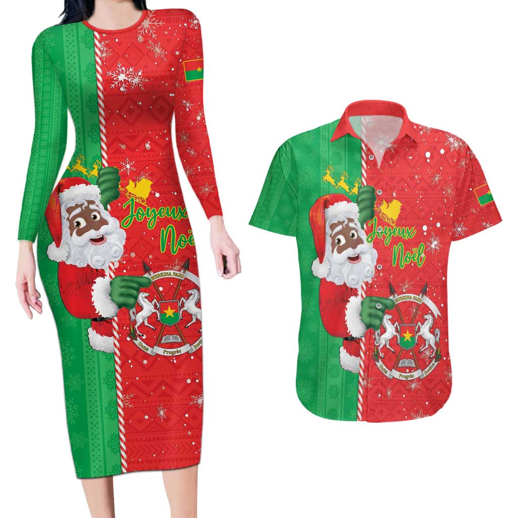 Burkina Faso Christmas Couples Matching Long Sleeve Bodycon Dress and Hawaiian Shirt Black Santa Joyeux Noel - Wonder Print Shop