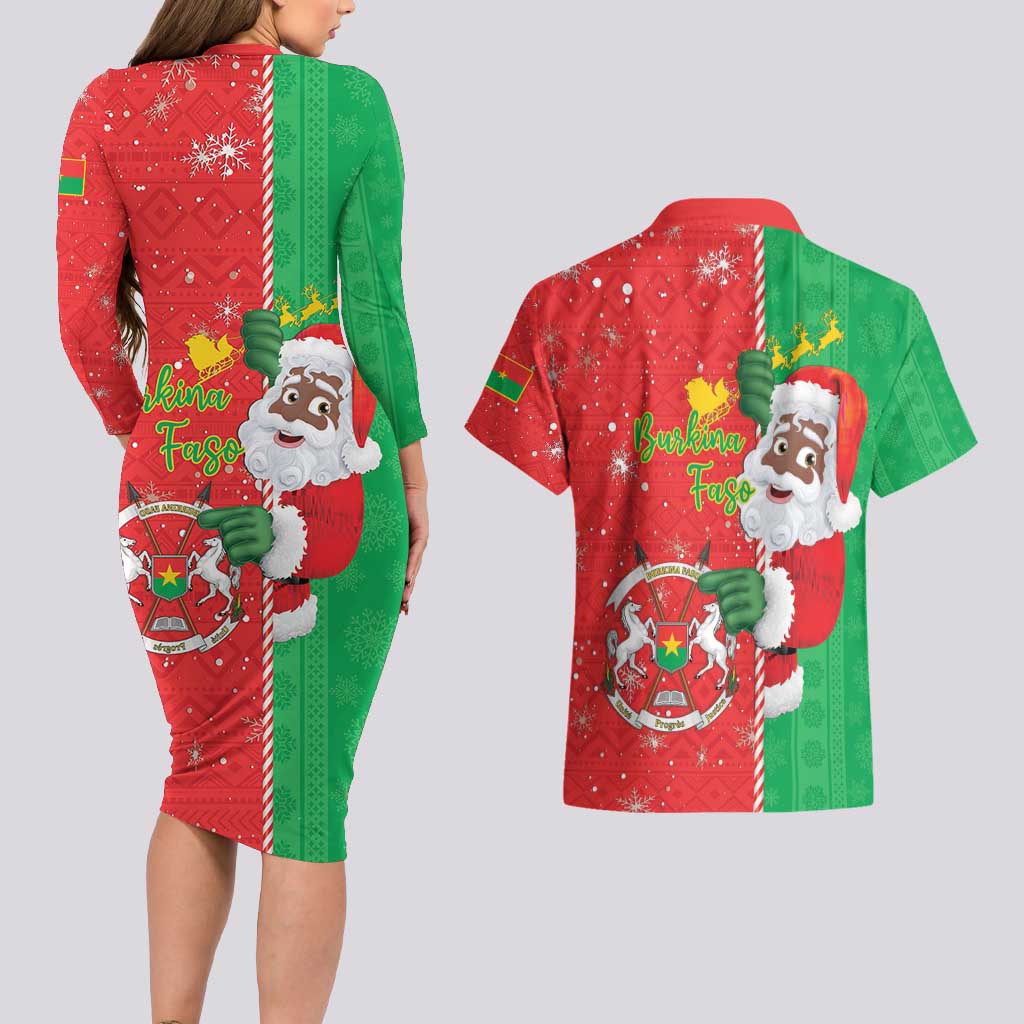 Burkina Faso Christmas Couples Matching Long Sleeve Bodycon Dress and Hawaiian Shirt Black Santa Joyeux Noel - Wonder Print Shop