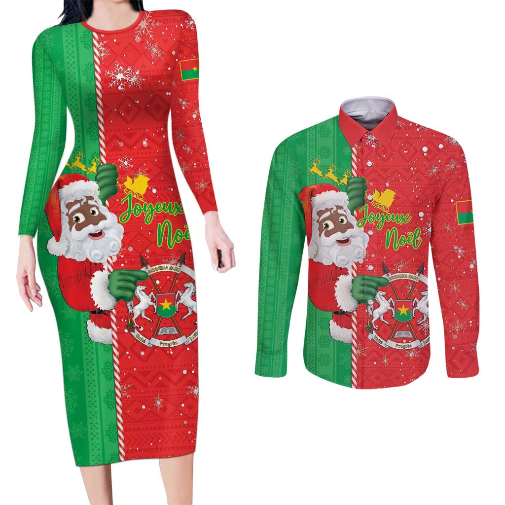 Burkina Faso Christmas Couples Matching Long Sleeve Bodycon Dress and Long Sleeve Button Shirt Black Santa Joyeux Noel - Wonder Print Shop